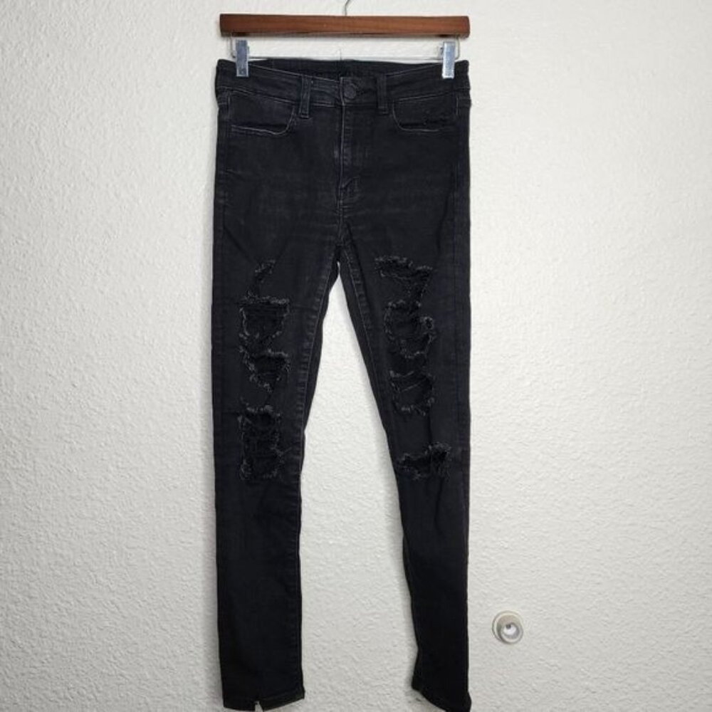 American Eagle Next Level Stretch Distressed Hi-Rise Jeggings Black Size 6 Short